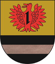 In geteiltem Schild oben in Gold ein rotes Fabeltier mit einem Wolfskopf und weit geöffneten Schwingen, belegt mit einem schwarzen Wolfshaken. Unten in Schwarz ein silberner Balken. 